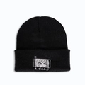 Detail of black knit beanie with white cartoon girl embroidery and Japanese text - M (56-58cm) / Angry Girl Anime Embroidery-Black