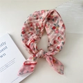 Pink floral and checkered patterns on a small cotton-linen scarf styled with a knot - 58*58cm / 9 Stripe Base-Mallow Pink Beige