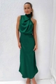 Elegant dark green satin maxi dress featuring a high halter neck and sleeveless silhouette - S / Dark Green