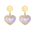 Golden heart earrings with Love engraving and iridescent pearlescent center charms - Gold G309