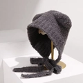 Winter plush bear ear knit hat in dark grey with warm earflaps and long ties - One Size / Gray