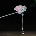 Traditionelle Goldhaarnadel mit rosa Fächermotiv und weißen Perlenquasten - Rosa Fächer Perle Quaste Gold Haarnadel (0464)