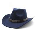 Classic navy blue wool felt western cowboy hat with brown riveted leather band - M(56-58cm) / Navy Blue