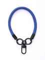 Detail of blue leather phone wrist strap with black metal rings and swivel snap hook - Blue