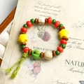 Multicolor Jingdezhen ceramic beaded bracelet with green tassel and apple charms - Green Apple Tassel Style (1616-01) / Green