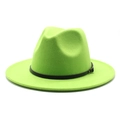Close-up of a neon green wool fedora hat featuring a black leather band and metal buckle - Fruit Green