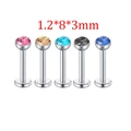 Detail view of five 1.2x8x3mm stainless steel labret studs with colorful cubic zirconia - Silver Large Rhinestone Style