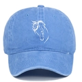 Close-up of horse head embroidery on washed cotton blue vintage baseball cap - Adjustable / Light Blue