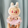 Pink rabbit plush outfit and floral gauze dress variant for Labubu dolls - Pink Headpiece Wedding Dress / First And Second Generation Keychains Are Compatible With La Cloth Dolls. Dolls Not Included.