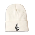 Close-up of white knitted beanie with black skull hand victory gesture embroidery - M (56-58cm) / White