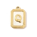 Detail of a gold rectangular pendant with shell inlay and a metallic letter Q charm - Letter Q
