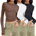 Women's slim-fit long sleeve t-shirts set in black, white, and brown coffee colors - XS / Tops / 3-Pack / Brown Combo