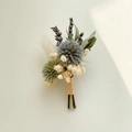 Detailed close-up of handmade dried flower boutonniere with lavender and eucalyptus leaves - Forest Flower 9 (Lavender Blue Thistle)