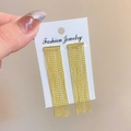 Elegant long gold beaded tassel earrings hanging vertically from a metallic stud - Light KC Gold Style 7