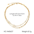 Detailed view of triple-layered gold bead chain necklace with size and weight specs - Multi-layer Round Bead Necklace (HC-N40657)