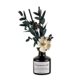 Detail of 50ml amber glass bottle with green eucalyptus, white flower, and reeds - Gardenia