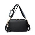 Women's black PU leather crossbody bag with colorful woven strap and tassel detail - Black