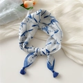 Blue floral print cotton linen square scarf with tassels and white background - White Cloud Vine Blue (Fringe)