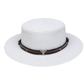 White wide brim straw hat with brown faux leather band and silver bull head metal buckle - Cow Skull Studded Belt Style (298H)