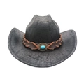 Détail du chapeau de cowboy avec texture en cuir vintage et boucle en métal turquoise - Noir / M (56-58cm)