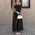 Elegante abito lungo nero a lupetto con scollo a fascia e spacco laterale alla moda - S / Nero