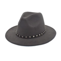Detailed view of dark grey fedora with silver rivet belt and wide wool brim - Dark Gray