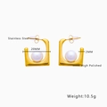 Detailed view of high polished golden square pearl earrings with 20mm width and 10.5g weight - Square Pearl Earrings (E225)