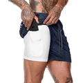 Detail of 2-in-1 sports shorts showing the elastic inner lining with a hidden phone pocket - M / Navy Blue