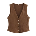 Detailed view of dark brown textured sleeveless top with vertical pleats and buttons - XS / Dark Brown Top