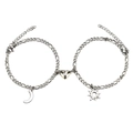 Silver couples magnetic heart bracelet set with sun and moon charms on Figaro chains - Sun and Moon Bracelet B