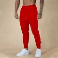 Front view of men's red athletic joggers with drawstring waist and tapered ankle cuffs - Red