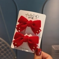 Pair of red velvet bow hair clips with white pearls and gold beads for girls - Style 15: Pair of Vintage Red Bows