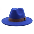 Close-up of a royal blue wool fedora hat featuring a stylish brown leather band detail - M (56-58cm) / Blue