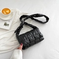 Chic black quilted down puffer crossbody bag with matching padded shoulder strap - Black