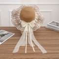 Brown straw sun hat with delicate white lace trim and a large sheer white ribbon bow - Satin Bow Style - Khaki