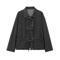 Charcoal grey long sleeve denim shirt with waist tie and front pockets on white background - S / Black