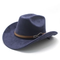 Detailed view of the dark blue felt cowboy hat with a brown leather strap and metal buckle - M(56-59CM) / Navy Blue