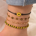 Bohemian multi-layer anklet set with yellow daisy charms and sunflower black cord - Black - Anklet