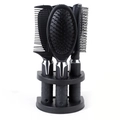 Detail of professional black hair comb set with anti-slip handles and storage base - Hair Brush and Mirror Set (Set of 4 with Stand)