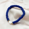 Bohemian blue heishi bead bracelet with a natural baroque pearl and golden accents - Dark Blue