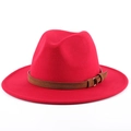Classic red wool fedora hat featuring a stylish brown leather belt and metal buckle - Red