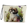 Pochette per trucco in tela con stampa Shih Tzu e fiori selvatici con cinturino da polso - Stile Shih Tzu