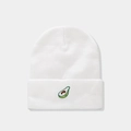 Detailed close-up of white knitted beanie with high-quality avocado embroidery - Avocado / White