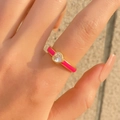 Pink enamel C-shaped heart ring with gold finish and clear zircon gemstone on hand - Gold - Pink Enamel Heart