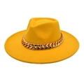 Detailed close-up of yellow felt fedora hat with a bold chunky gold chain accessory - M(56-58cm) / Yellow