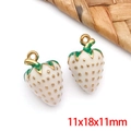 White enamel strawberry pendant with gold seeds and green leaf 11x18mm for DIY jewelry - White 3D Strawberry-XL