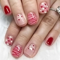 Short square press-on nails with red hearts and wave lines design for Valentines Day - Red Heart Line Design (CW456) / 24Pcs Set (With Jelly Glue + Nail File)