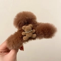 Brown plush claw clip for hair featuring a cute flocked bear with sparkling rhinestones - Brown with Bear