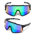 Lunettes de soleil de sport cyclisme avec grande monture et verres réfléchissants colorés - C2. Monture Noire Verre Arc-en-ciel Vert Jaune
