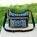 Ethnic style black canvas crossbody bag with blue floral embroidery and multi-zipper pockets - Blue Floral Coin